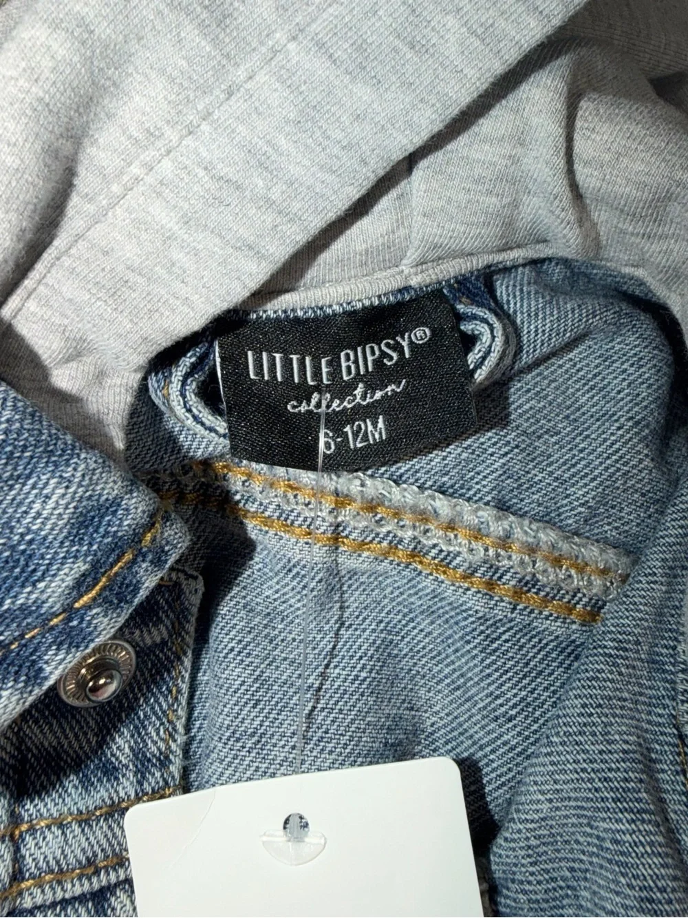 Little Bipsy Blue Denim Jacket with Gray Hoodie Sleeves 6/12m